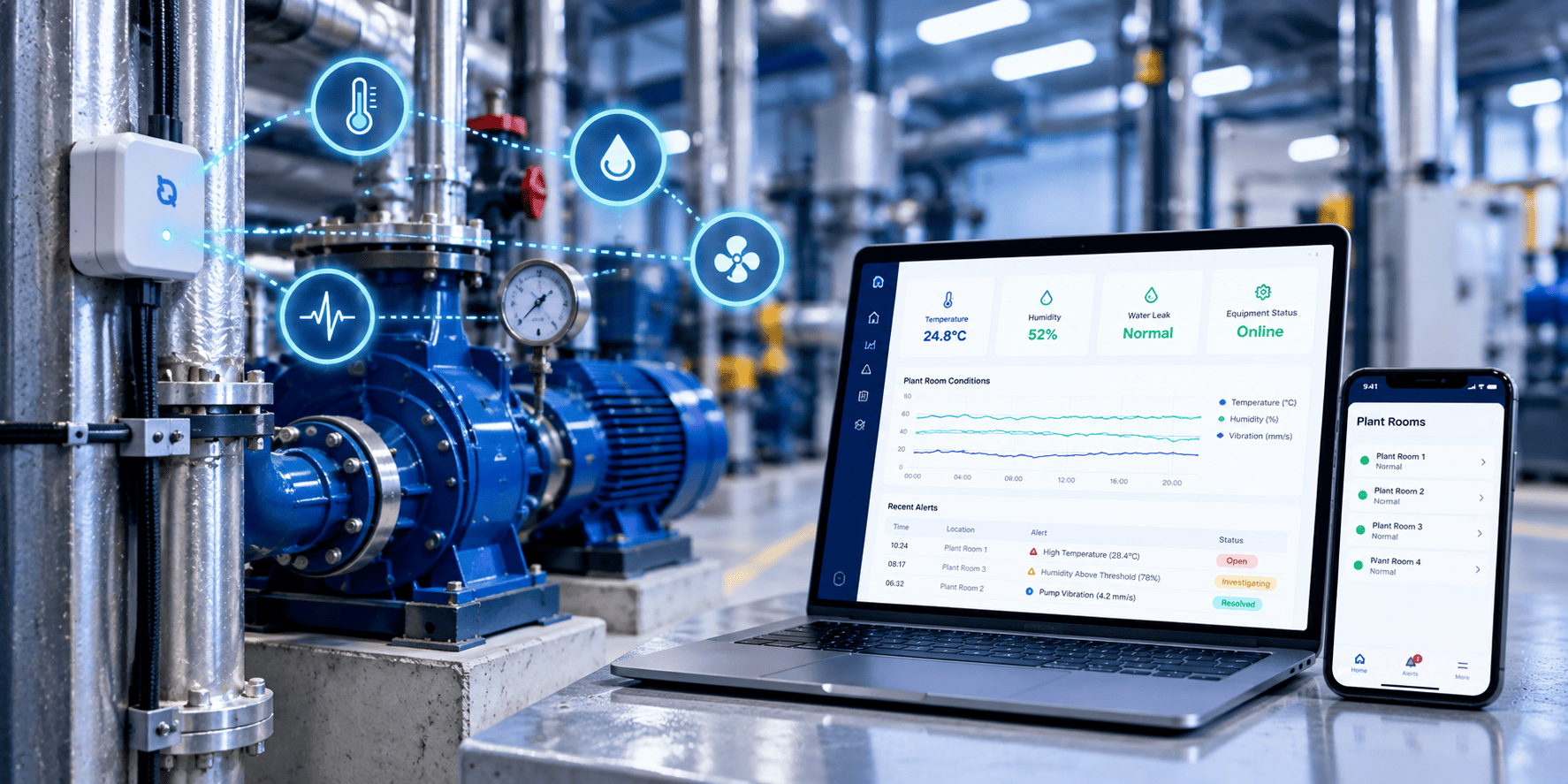 Azolla IoT plant room monitoring dashboard showing real-time equipment conditions, alerts and facilities data
