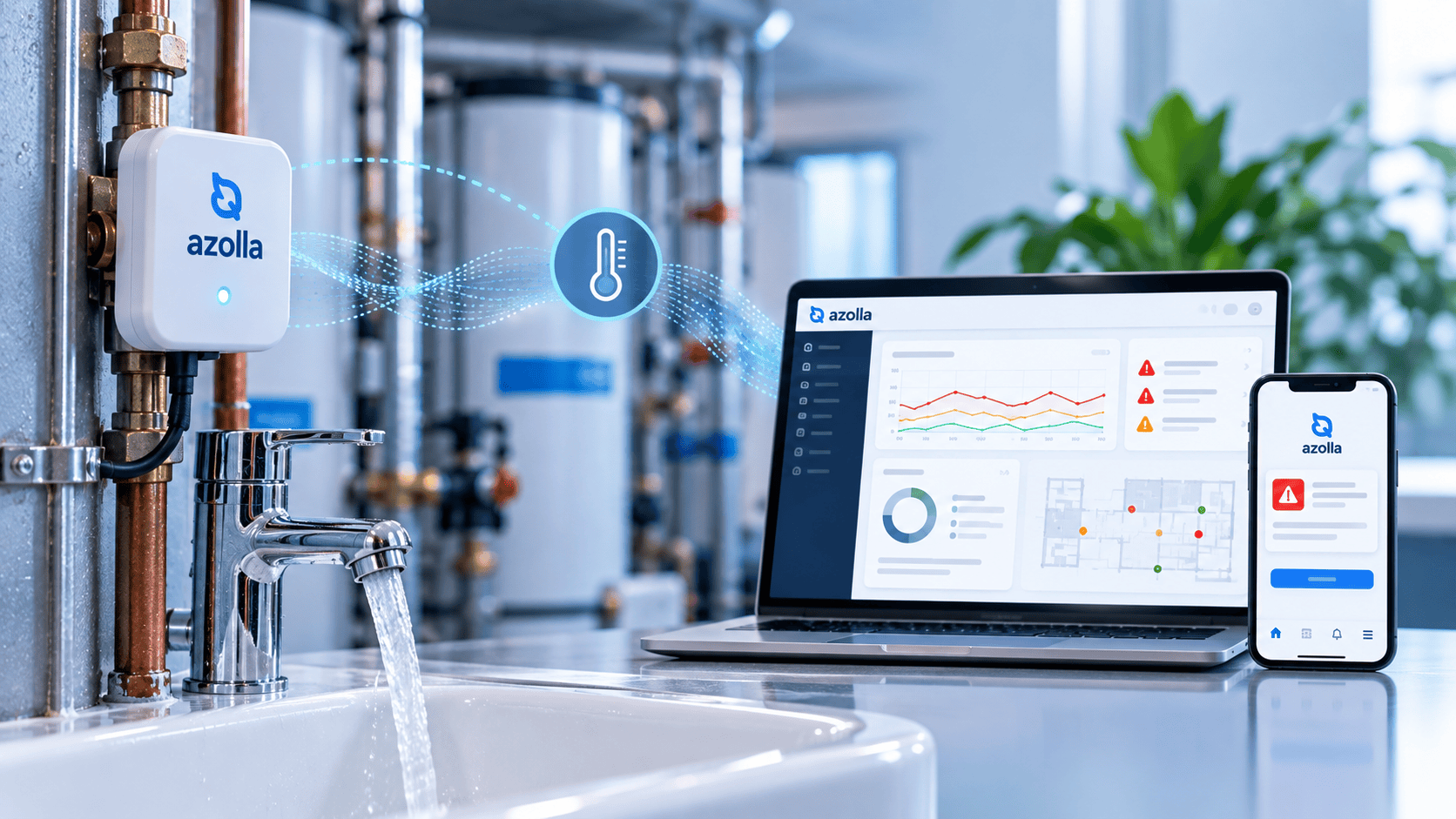 Azolla IoT Legionella water temperature monitoring dashboard with connected sensor and facilities alerts