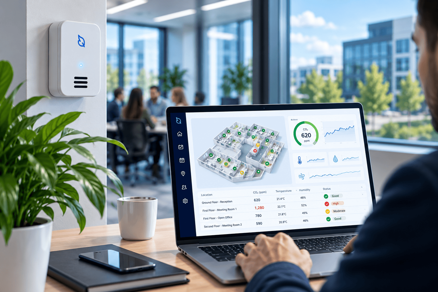 Azolla IoT air quality and CO2 dashboard showing real-time indoor environmental monitoring across an office