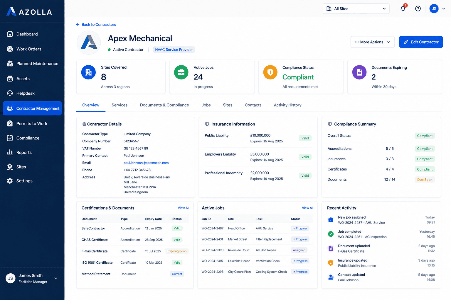 Azolla contractor management software showing contractor compliance and work activity