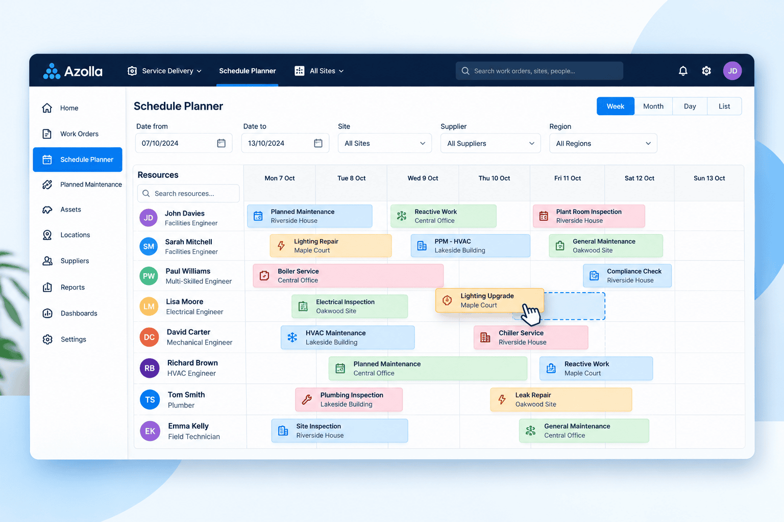 Azolla drag and drop facilities scheduler for allocating work across teams and sites