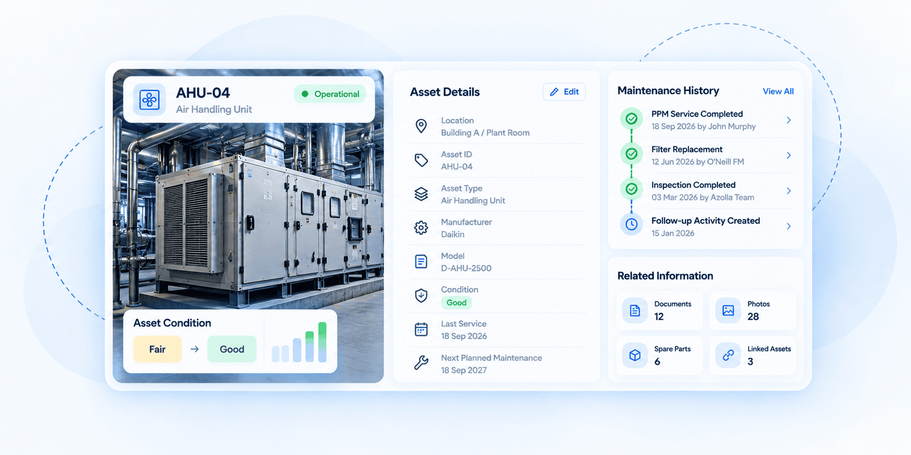Azolla facilities asset management software showing asset records maintenance history and condition
