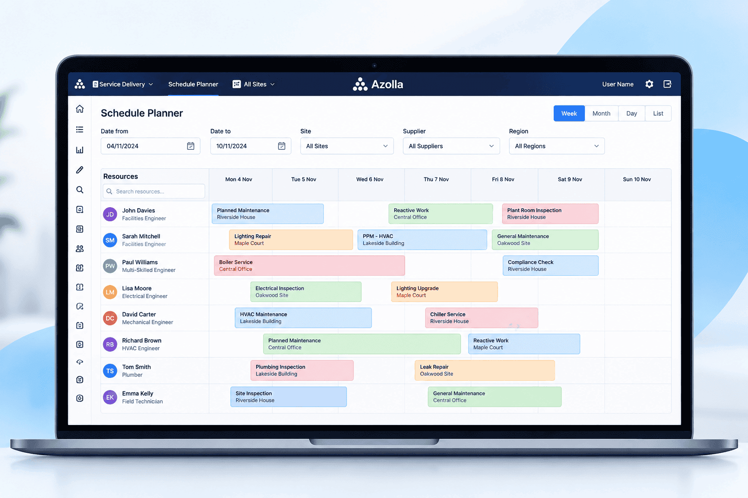 Azolla facilities management scheduling software for planning and allocating work across teams and sites