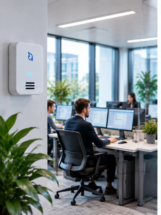 IoT air quality and CO2 monitoring sensor in a modern workplace