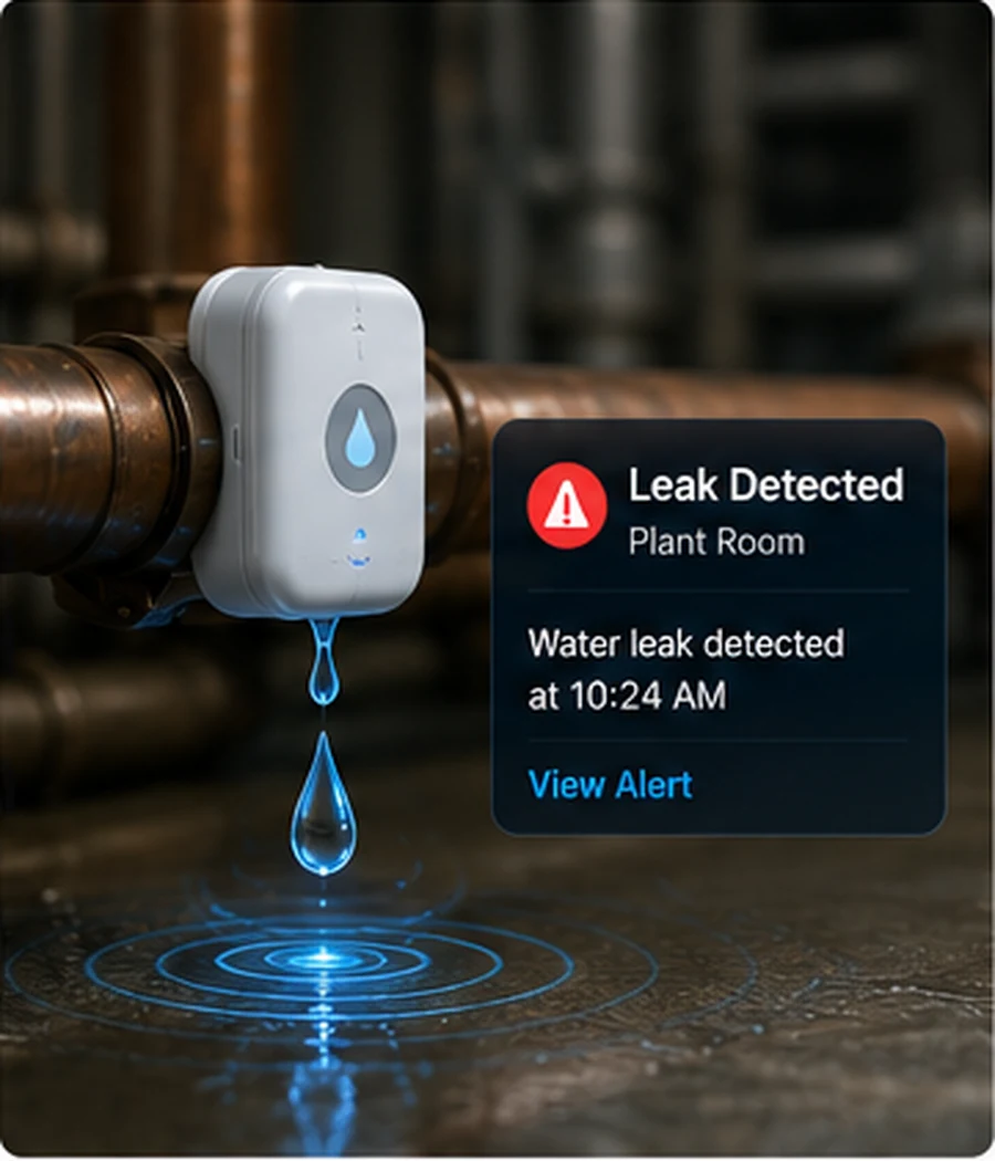 Azolla IoT leak detection monitoring critical facilities for water leaks