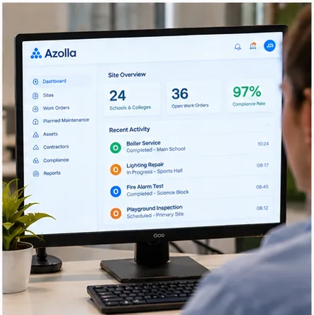 Education facilities management software dashboard showing maintenance and campus activity