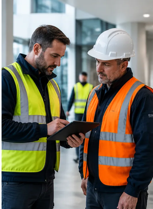 Facilities manager coordinating an on-site contractor using a digital device
