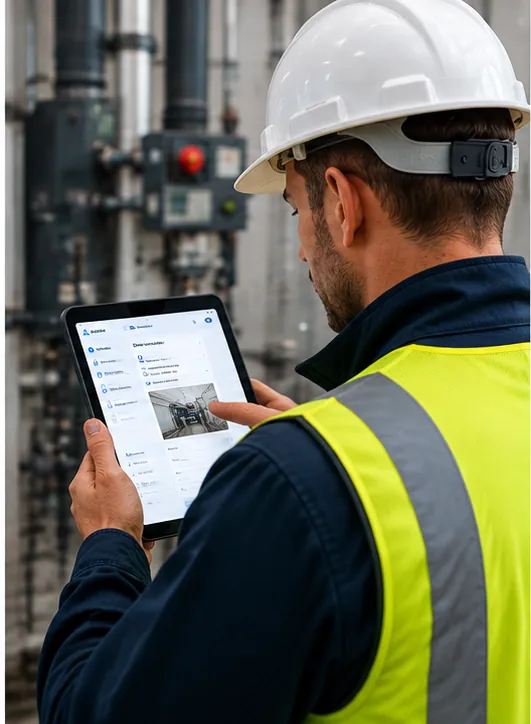 Maintenance technician completing facilities work using mobile software