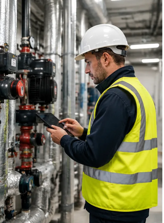 Facilities technician carrying out planned maintenance in a plant room