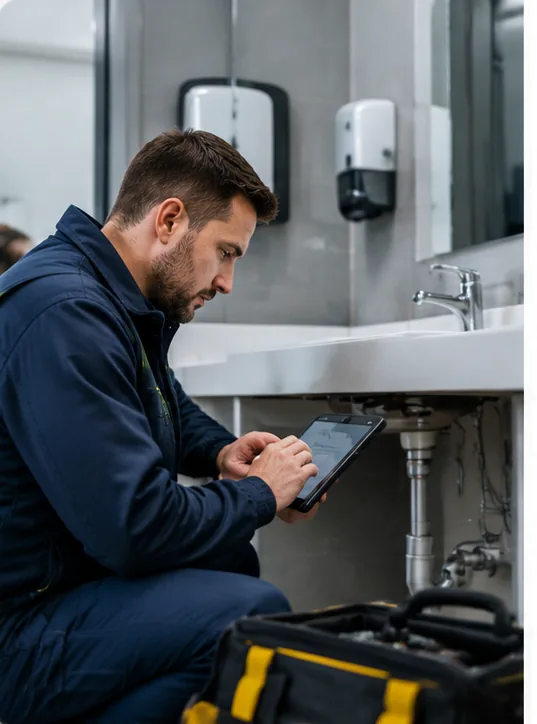 Facilities technician managing reactive maintenance using a mobile device