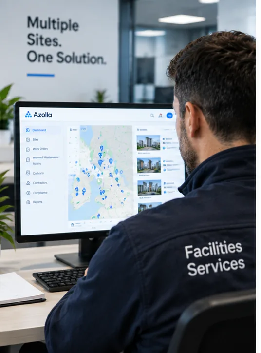 Facilities service provider managing multiple client sites using facilities management software