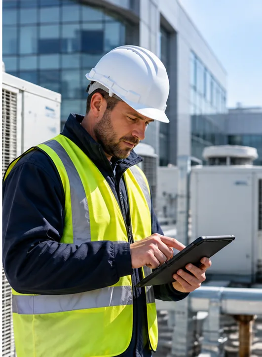 Facilities service engineer completing maintenance work on-site using a tablet