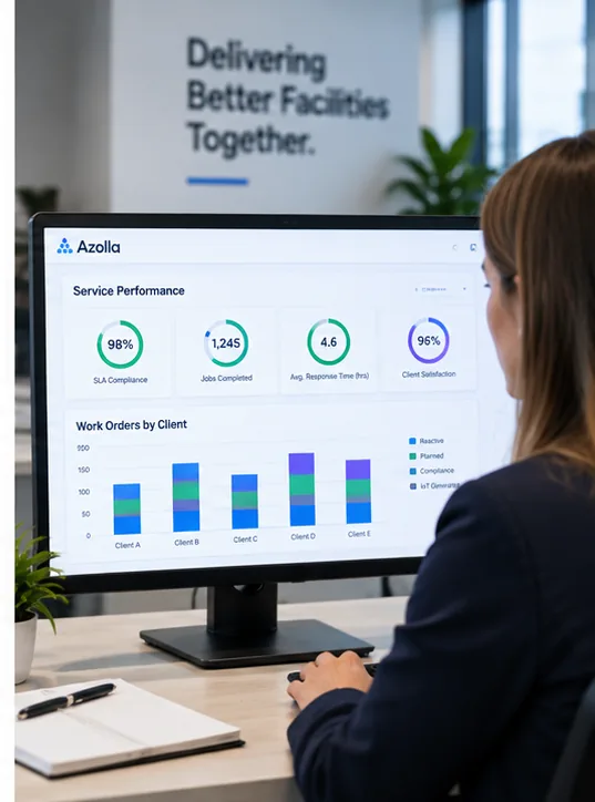 Facilities service provider reviewing SLA performance and client reporting software