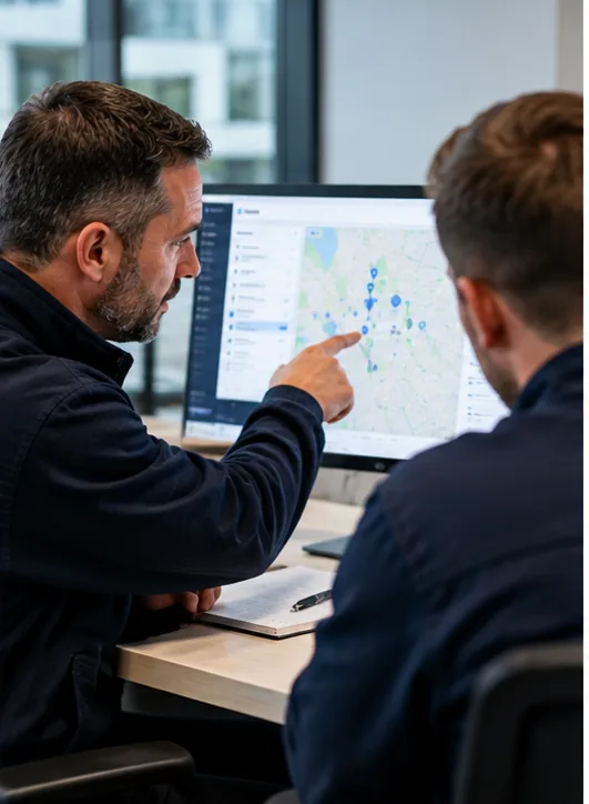 Facilities service provider assigning work to engineers across customer sites