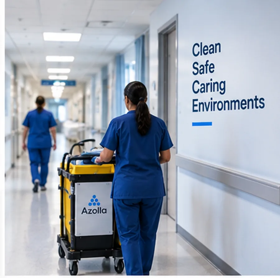 Healthcare environmental services and facilities team maintaining hospital environments