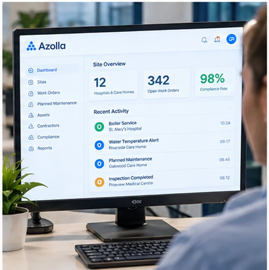 Healthcare facilities management dashboard showing maintenance and compliance information
