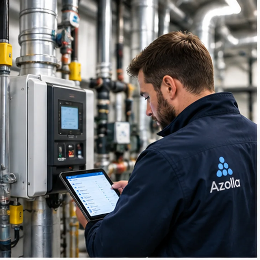 Healthcare facilities engineer completing planned maintenance in a hospital plant room