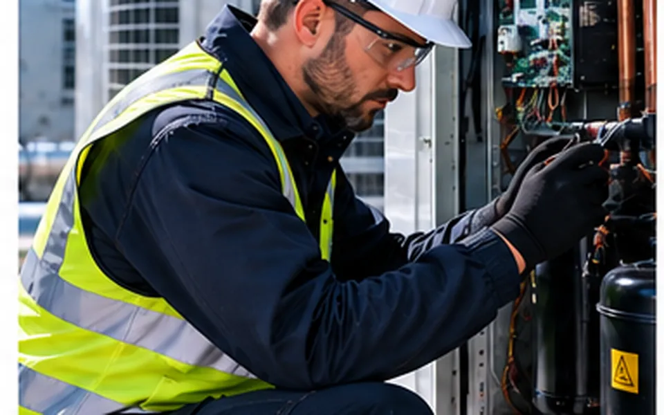 HVAC technician completing maintenance on site