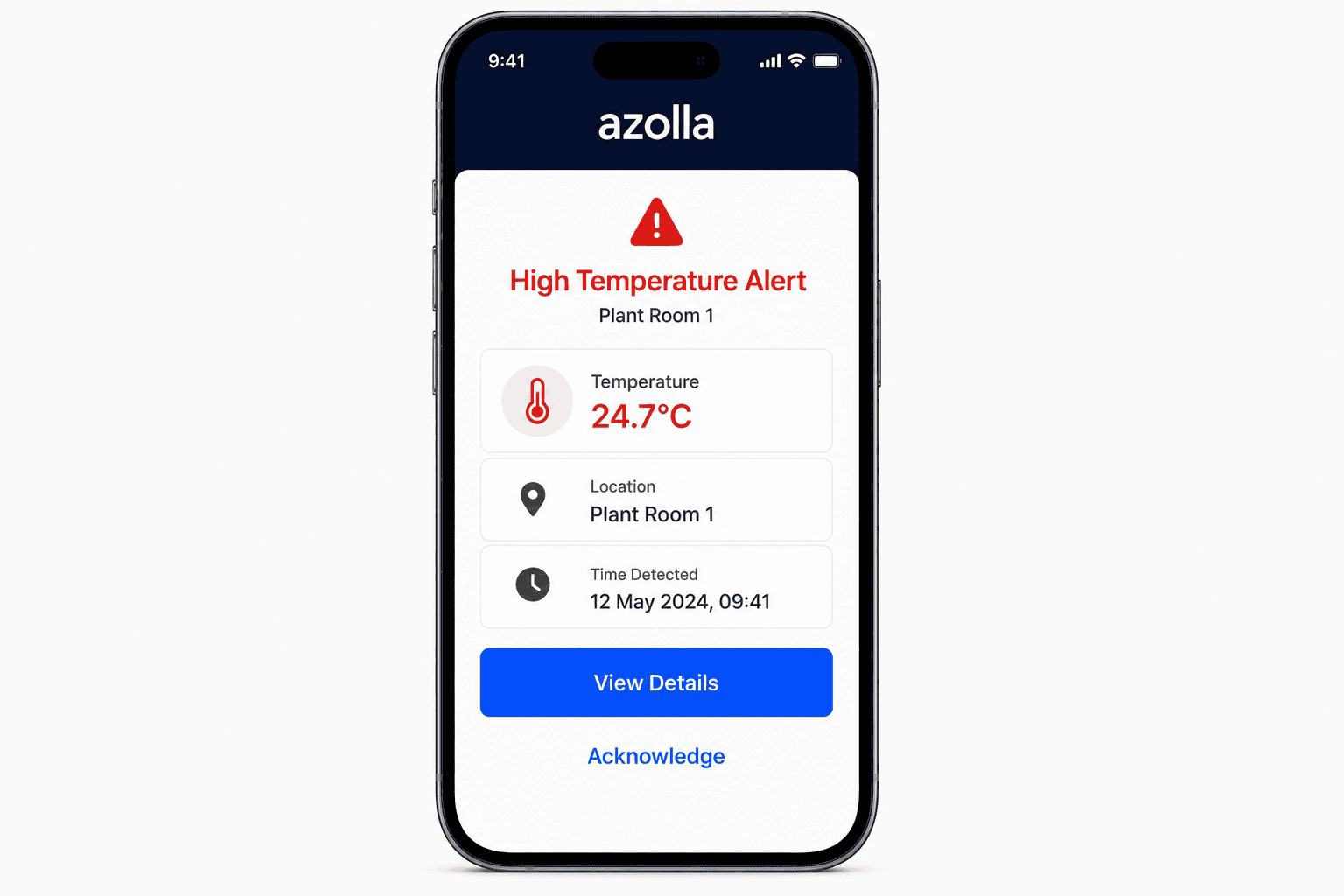 Azolla IoT high temperature alert notifying facilities teams of changing conditions