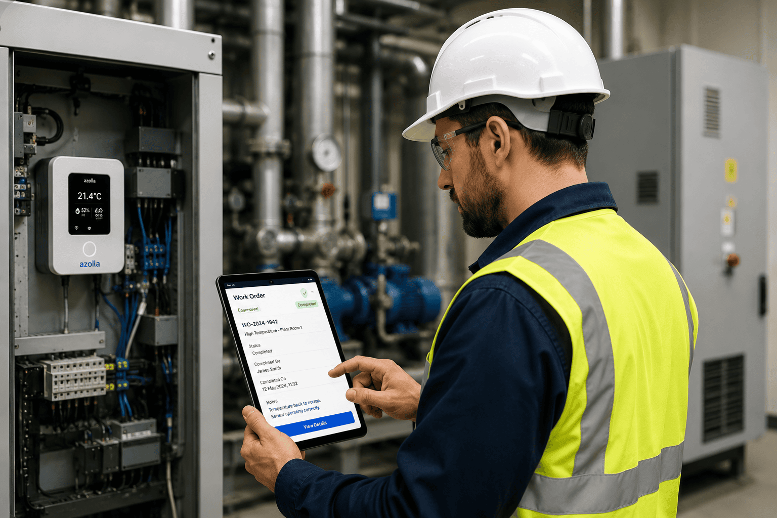 Facilities technician responding to an IoT sensor alert and completing an Azolla work order