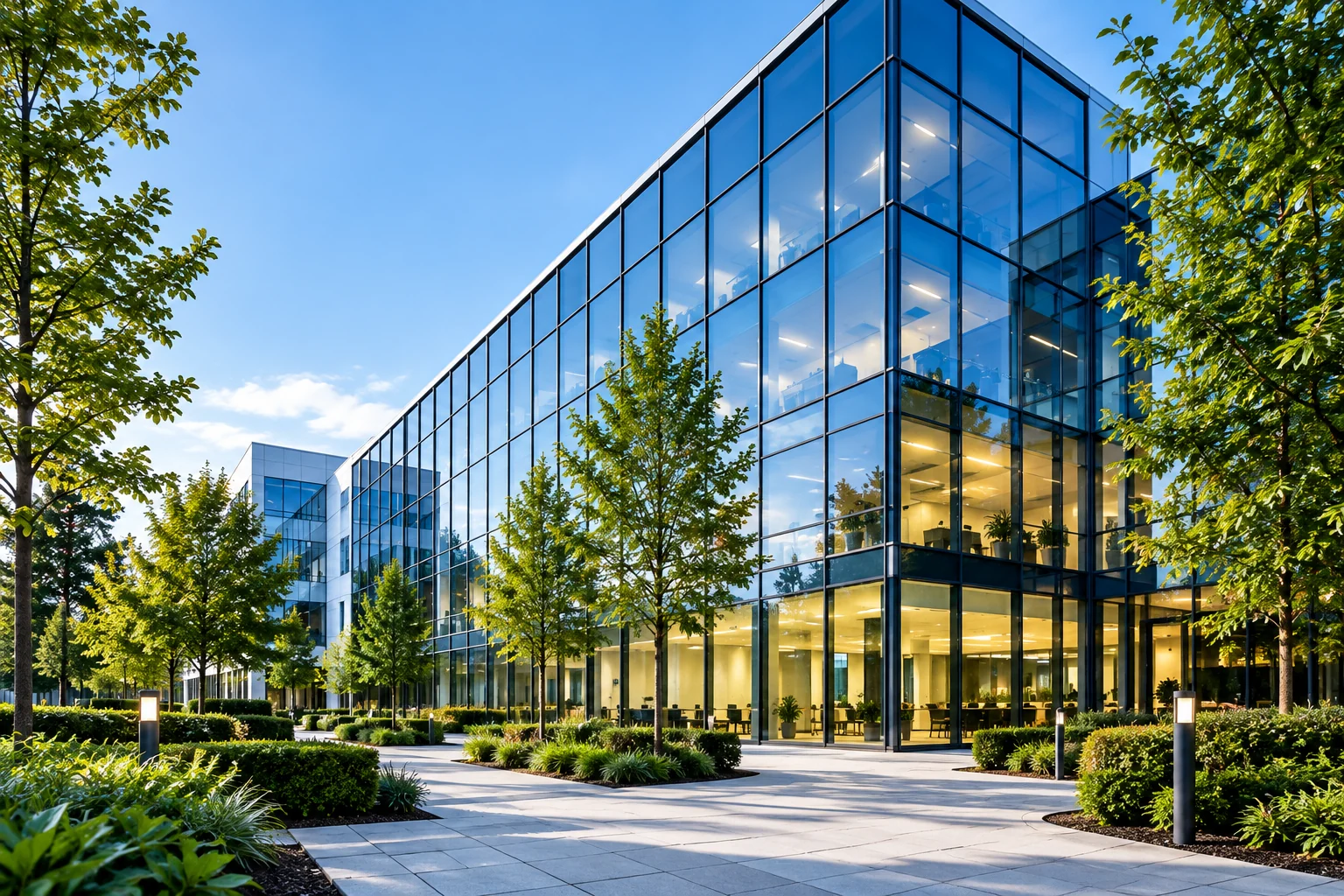 Modern glass-fronted commercial building with landscaped surroundings