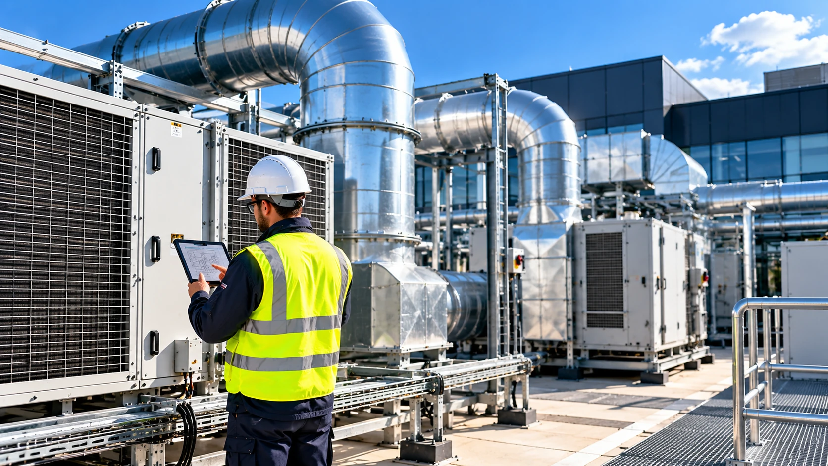 HVAC facilities engineer inspecting building systems